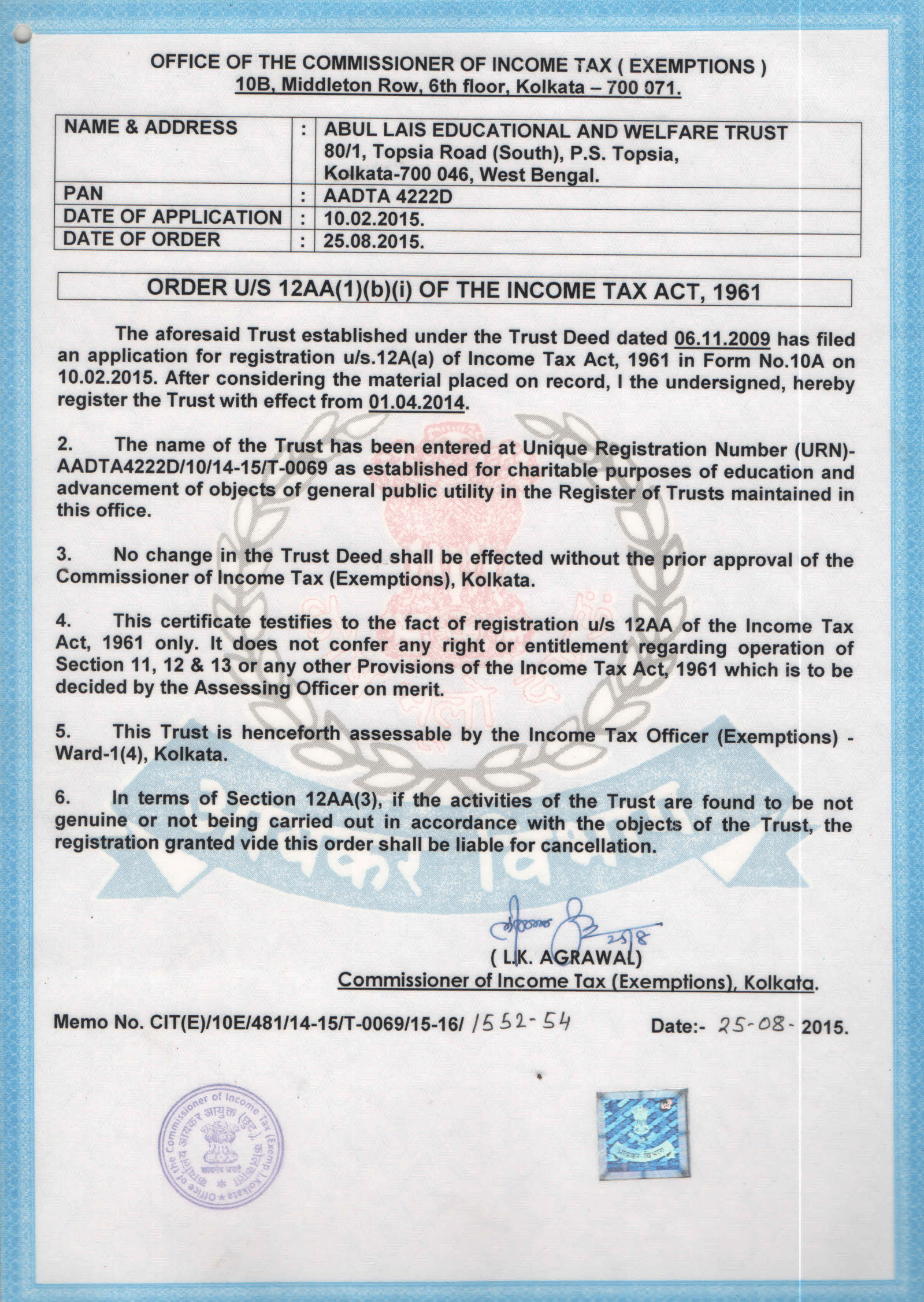 Abul Lais Educational & Welfare Trust — 12AA Income Tax Exemption Certificate